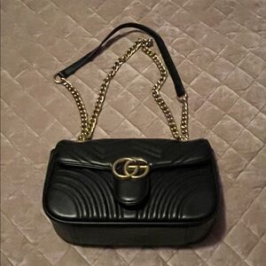 Black Quilted Shoulder Bag with Gold Chain